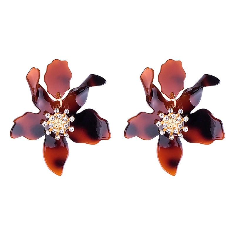 Long Flower Earrings - Brown-Light Brown / One Size