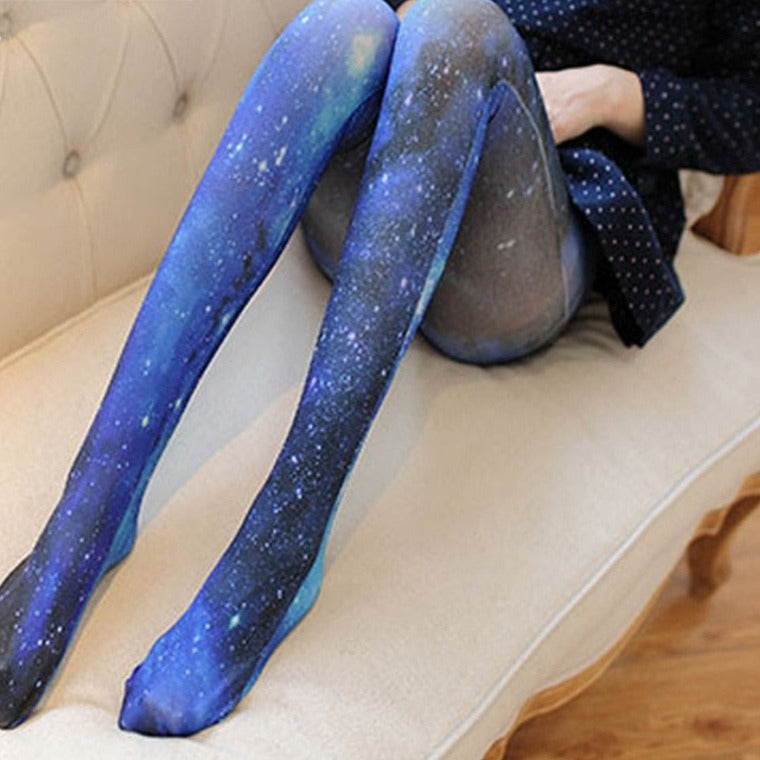 Multi Fancy Pantyhose - Blue - Galaxy / One Size