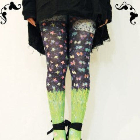 Animals High Waist Pantyhose - Green - Butterfly / One Size
