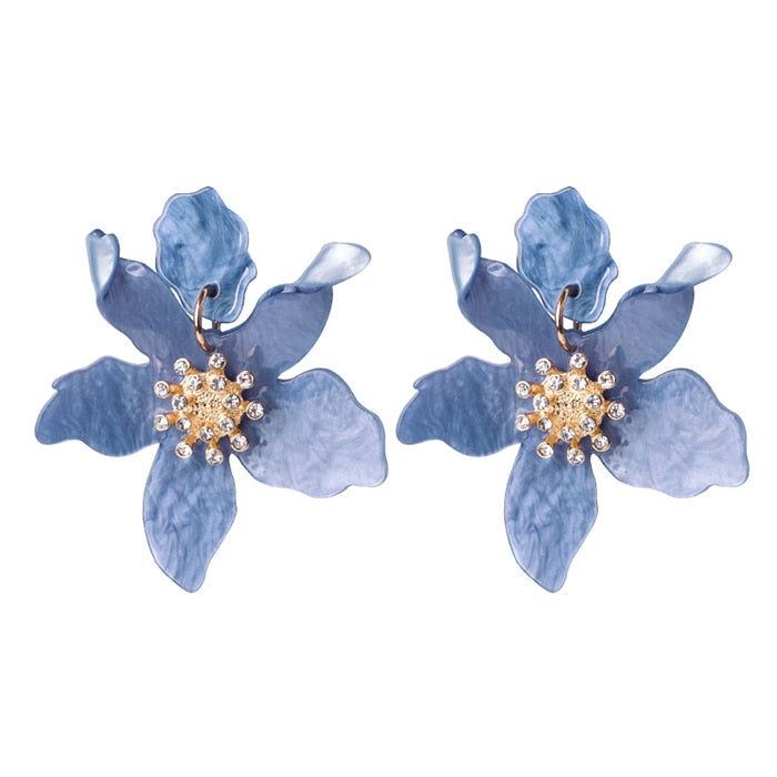 Long Flower Earrings - Blue / One Size