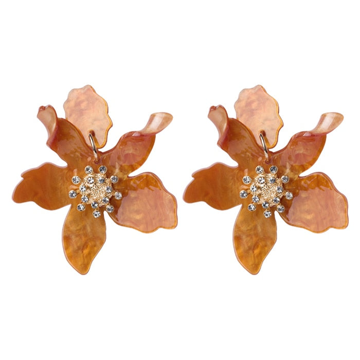 Long Flower Earrings - Orange / One Size