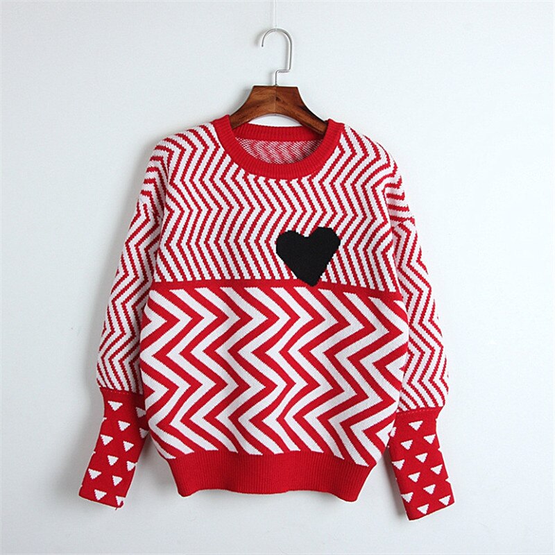 Geometric Heart Pattern Pullovers Knitted Sweater - One Size
