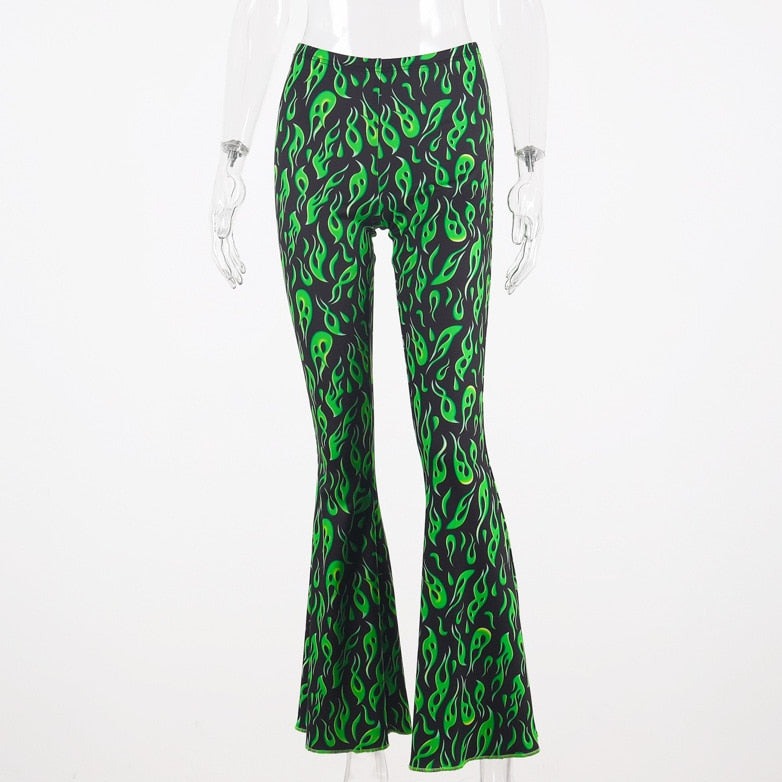Black Neon Greent Flare Long Pants - Green / S