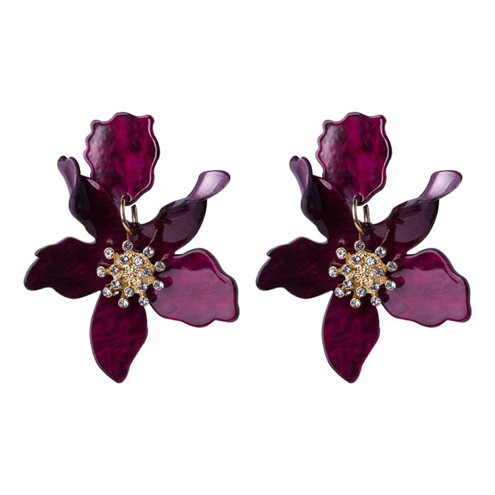 Long Flower Earrings - Purple / One Size