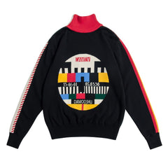 Vintage Geometric Black Turtleneck Sweater - One Size /