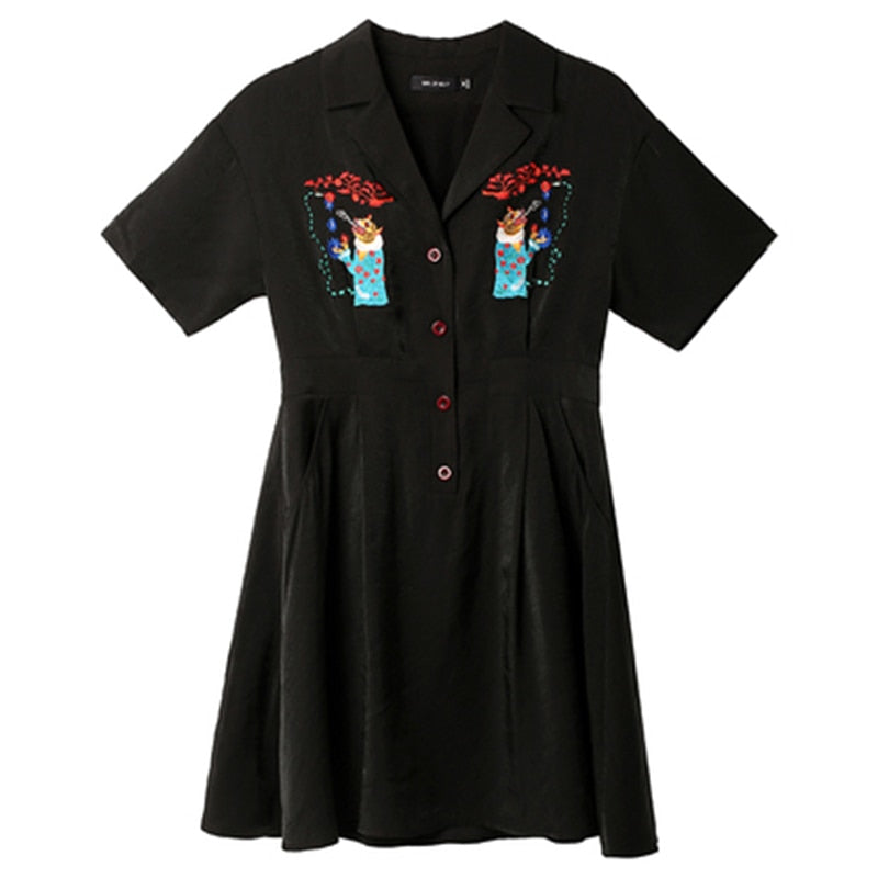 Vintage Black Animal Embroidery Short Sleeve Dress - S
