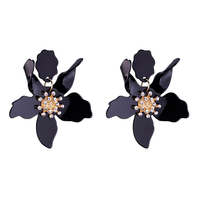 Long Flower Earrings - Black / One Size