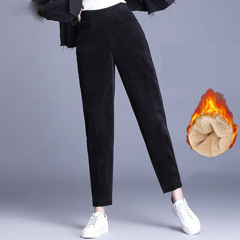 Plush Velvet Corduroy Warm High Waist Pants - Black / S