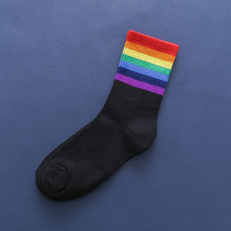 Colorful Stripes Cotton Socks - Black-Rainbow B / One Size