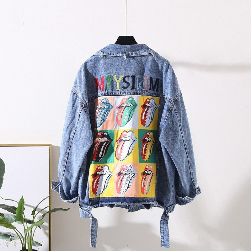 Rolling Stone Tongue and Lips Denim Jacket - Blue / S