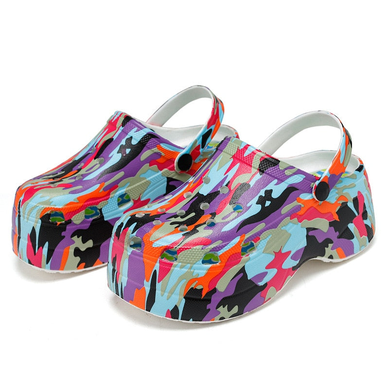 Platform Clogs Rainbow Print High Heel Sandals - camo / 5