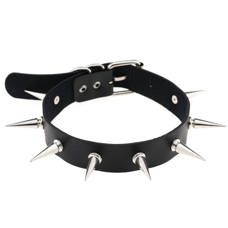Punk Gothic Leather Spike Collar - Black / One Size