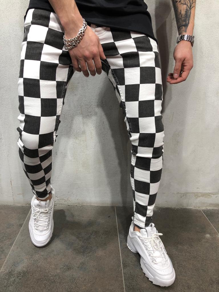 Chess Pattern Slim Black & White Pants - white / XXL