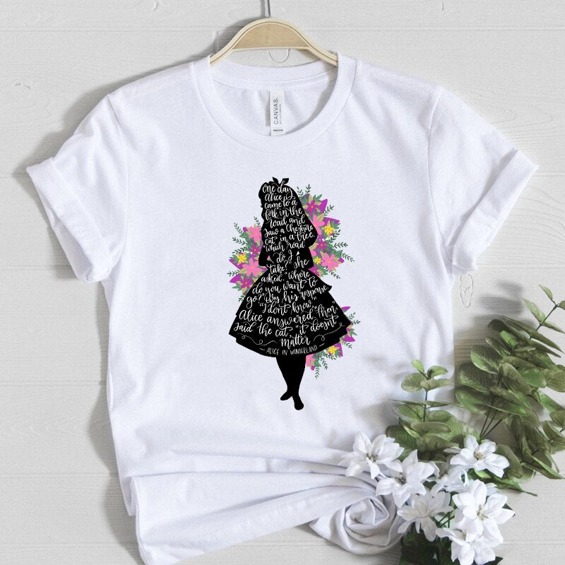Alice In Wonderland Print White T-Shirt - Black / S