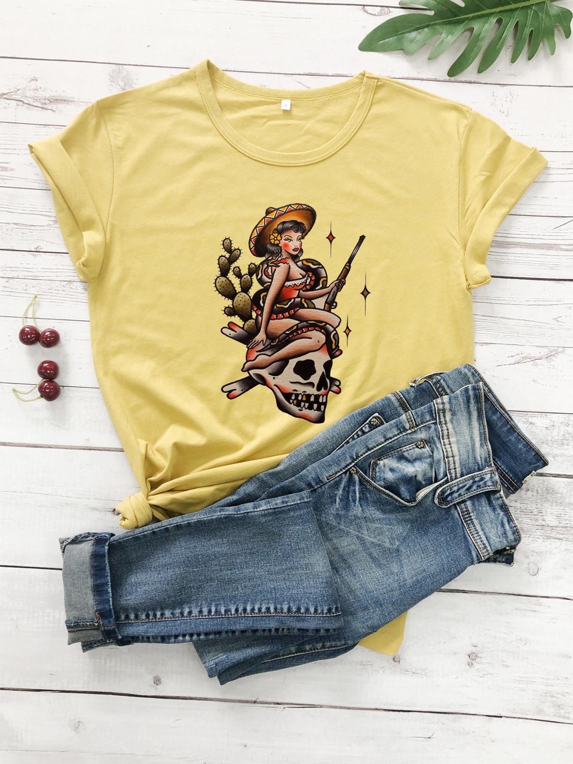 La Valiente Witches Skulls Snake T-Shirt - Mustard / S