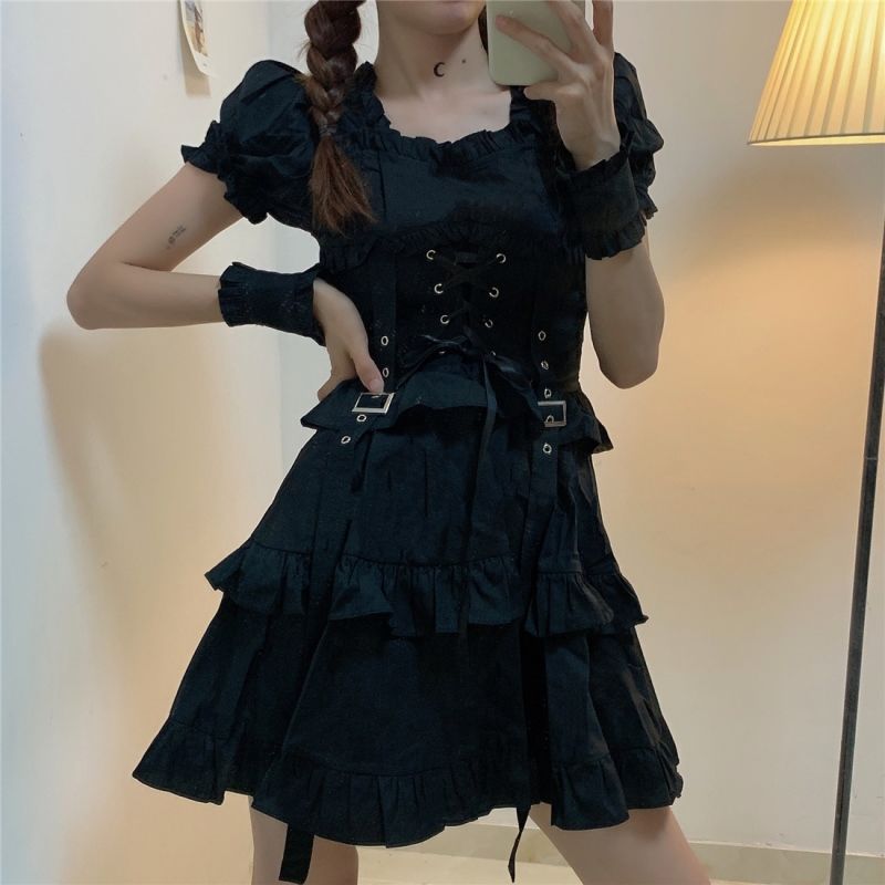 Dark Aesthetic Gothic Dress Puff Sleeve - Black / XS