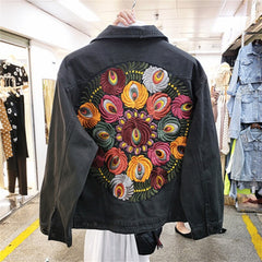 Oversized Floral Embroidered Denim Jacket - One Size -