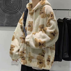 Little Bear Pattern Furry Oversize Hoodie - White / M