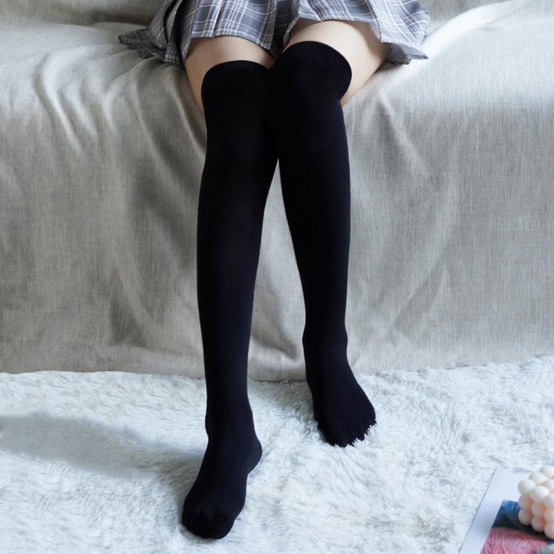 Solid Color Knee High Socks Mesh - stocking black / One Size