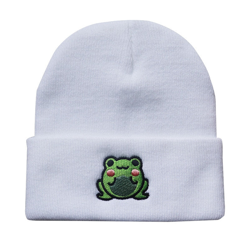 Cute Frog Embroidered Warm Beanie - White / 54-58CM