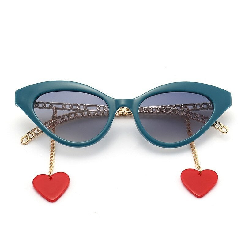 Cat Eye Sunglasses With Chain Legs Detachable Heart - Blue /