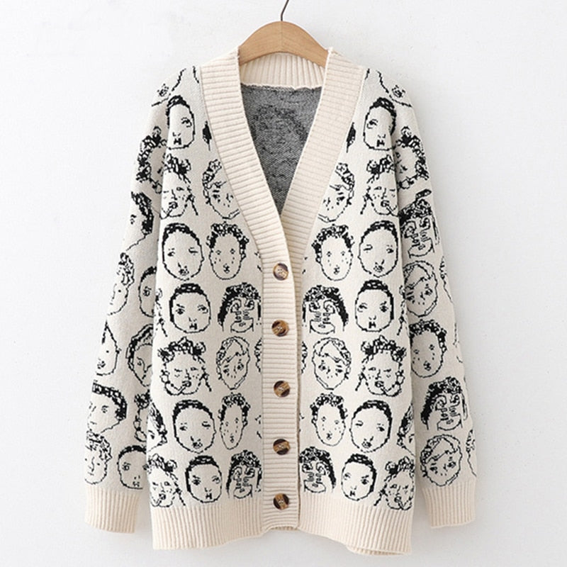 New Comic Face V Neck Cardigan Sweater - white / One Size