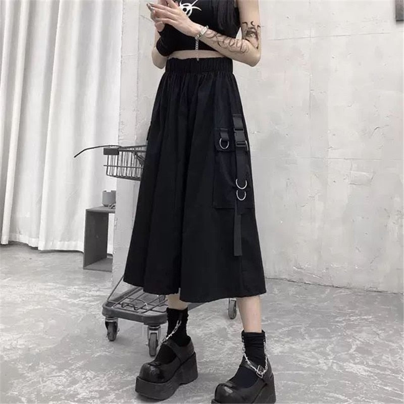 High Waist Loose Cargo Gothic Skirt - Black / ONE SIZE
