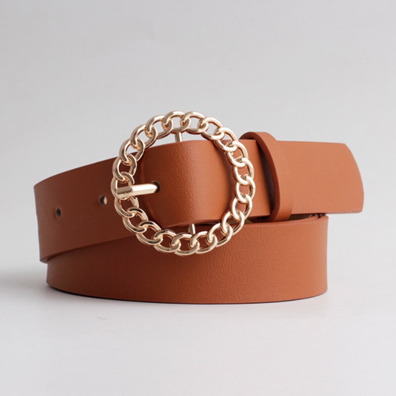 Gold Buckle PU Leather Belt - camel belt / 105x2.8cm