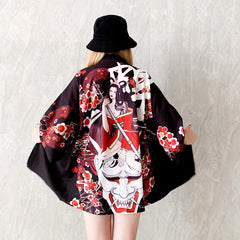 Girl Samurai and Demon Kanji 3/4 Sleeve Kimono - Black / L -
