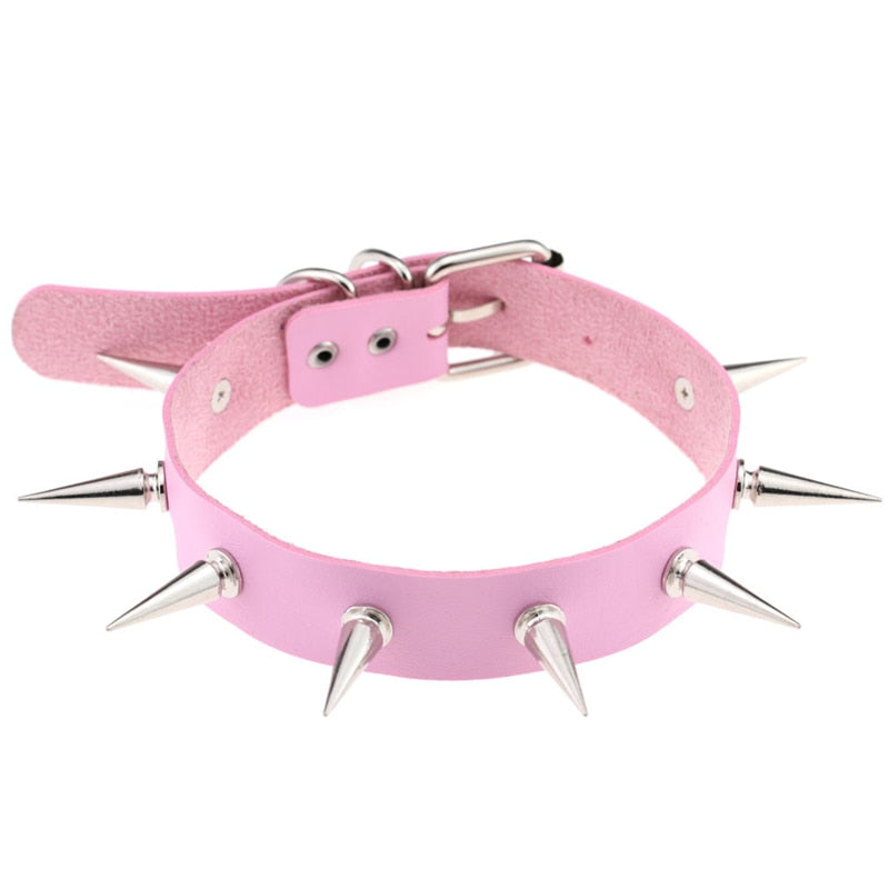 Punk Gothic Leather Spike Collar - Pink / One Size