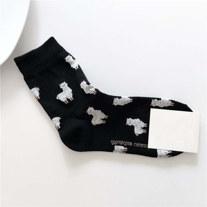 Animal Cartoon Middle Tube Socks - Black Alpaca / One Size