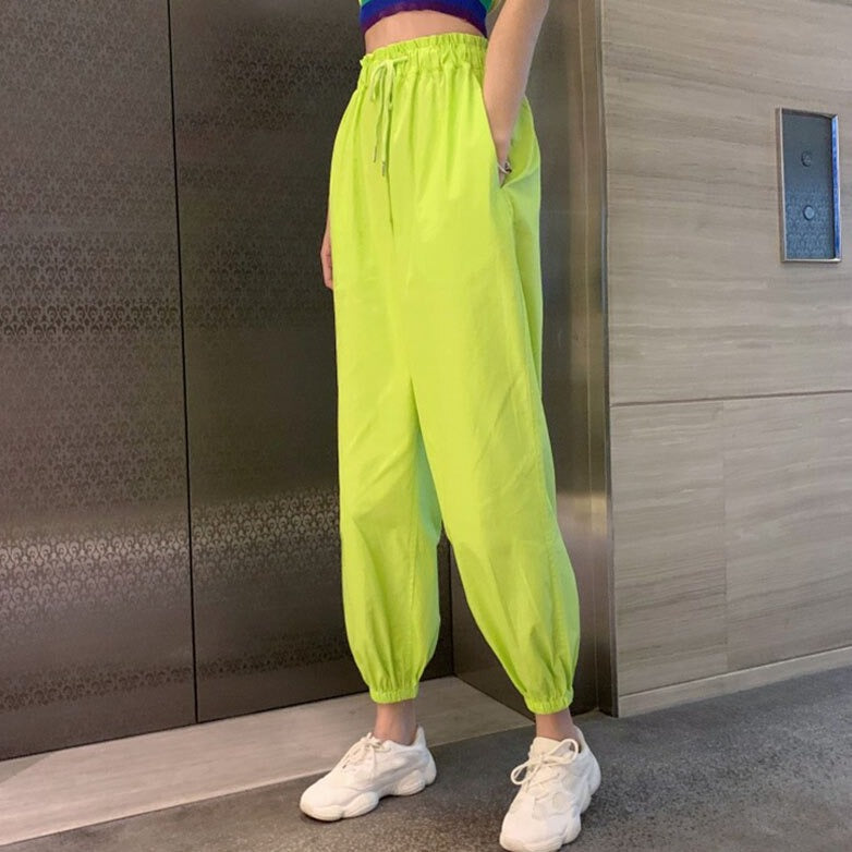 Neon Green Solid Color Cargo Pants