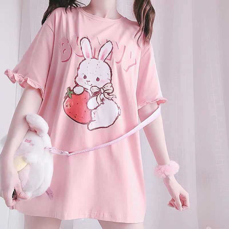 Cute Kawaii Strawberry Bunny Print Tshirt - Pink / M -