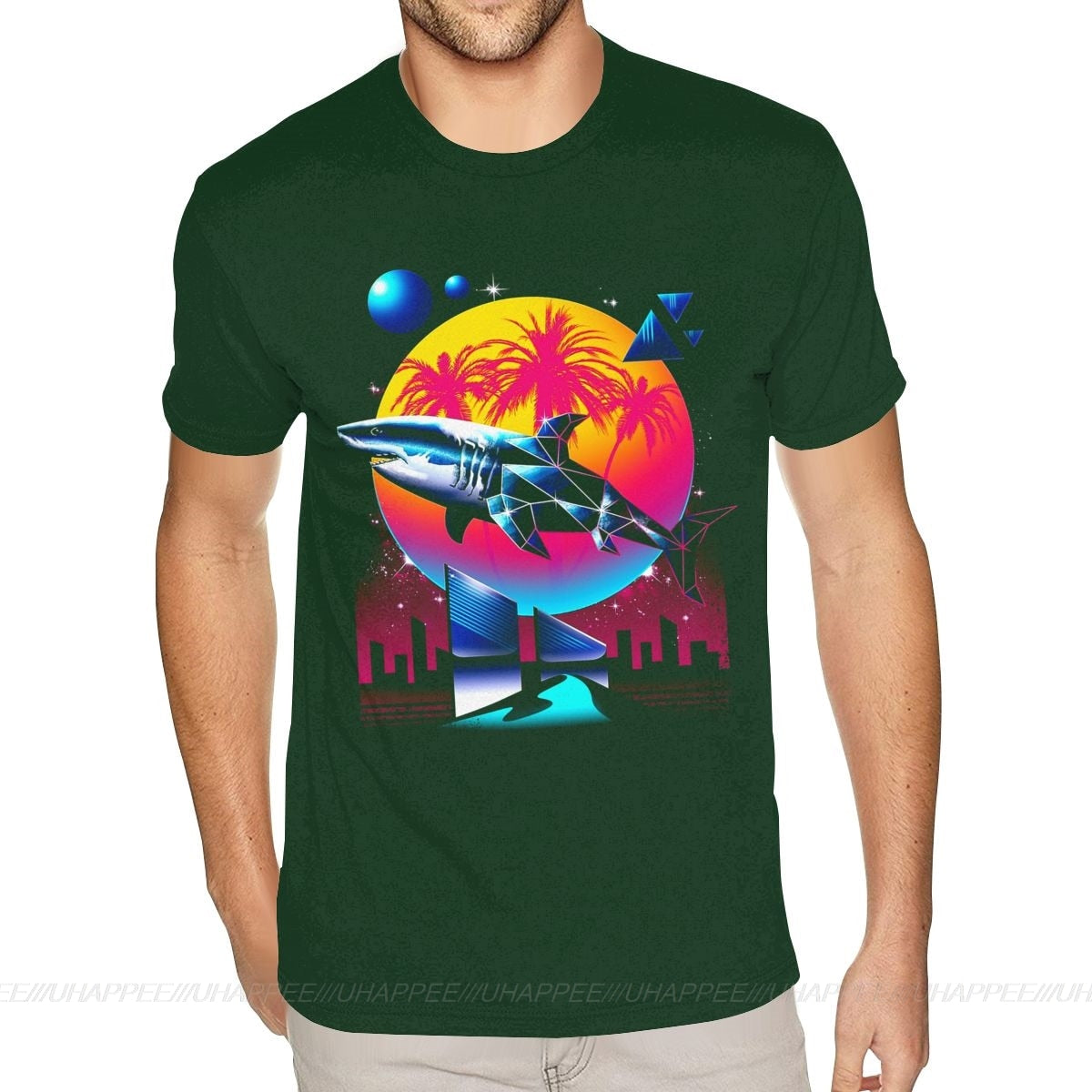 Aesthetic Shark Vaporwave T-Shirt - Forest Green / S