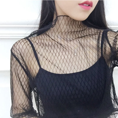 Fashion Black Mesh Long Sleeve blouse - Turquoise / One Size