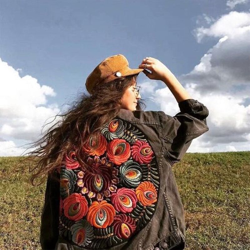 Oversized Floral Embroidered Denim Jacket - One Size -