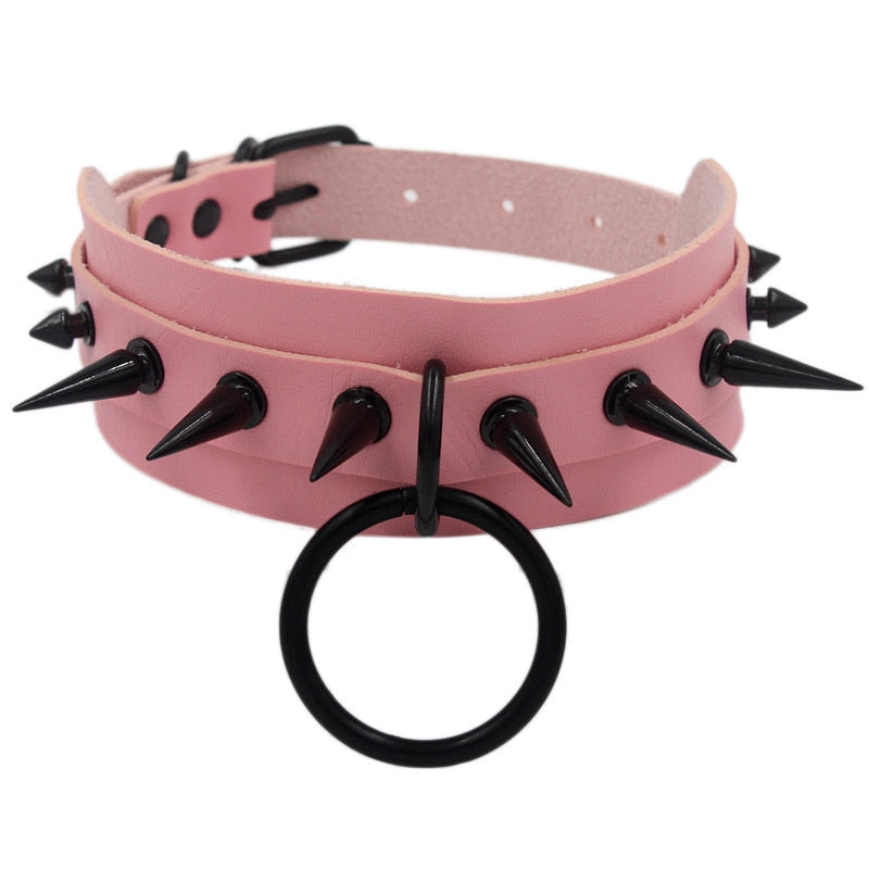 Gothic Punk O-ring Spike Collar Studded - Pink / One Size