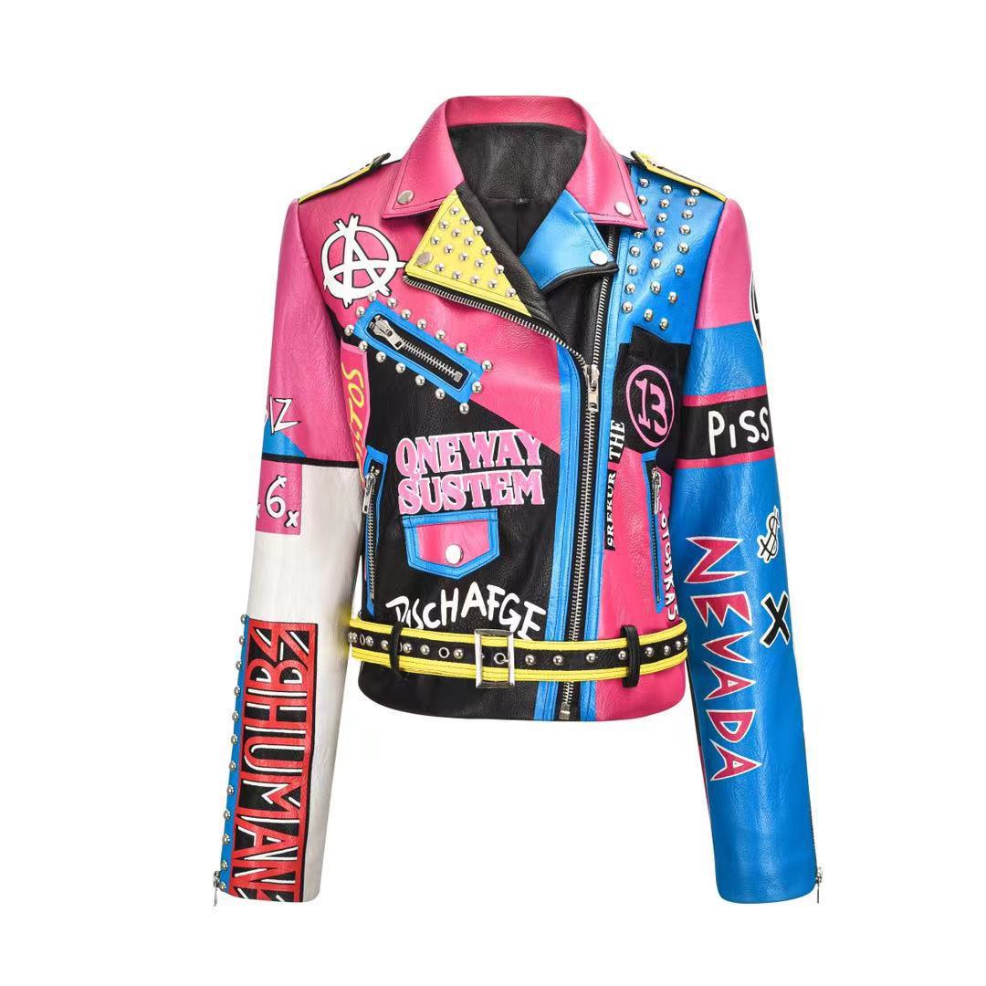 Colorful Graffiti Motorcycle PU Leather Jacket - Pink / S -