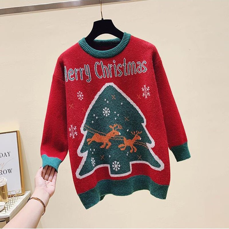 Tree and Santa Claus Loose O-neck Knit Pullover Sweater - S