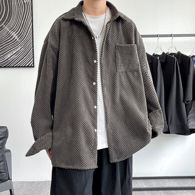 Corduroy Solid Color Long Sleeve Shirt - Dark Grey / M