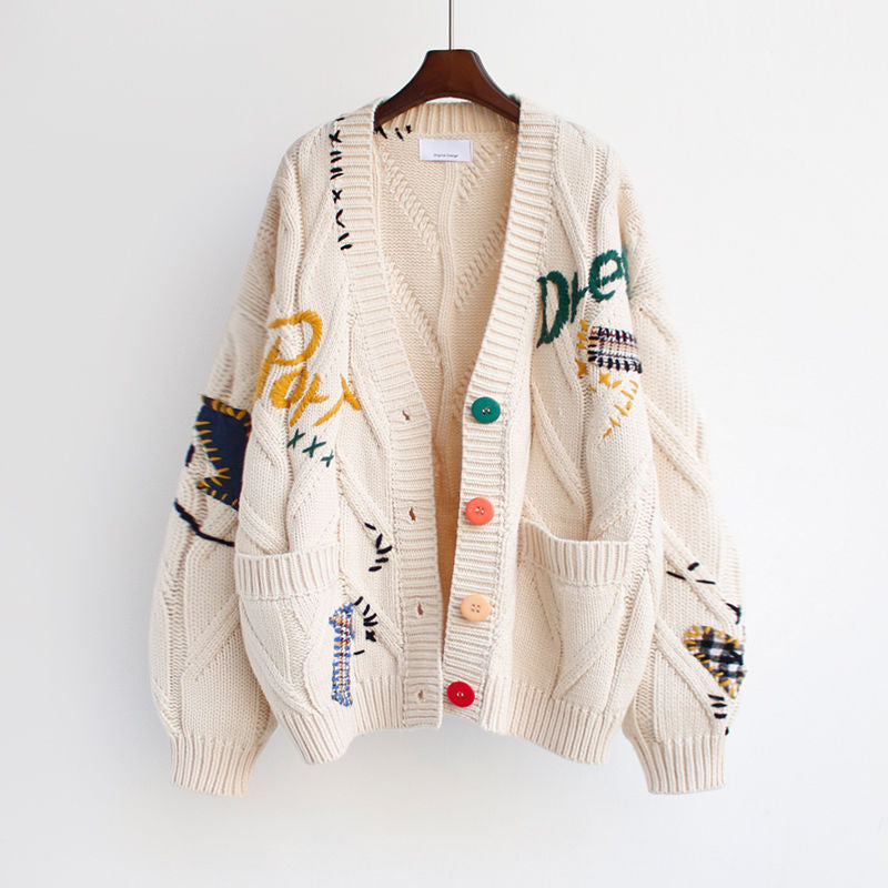 Letters Embroidery Knitted Cardigan Sweater - Beige / S