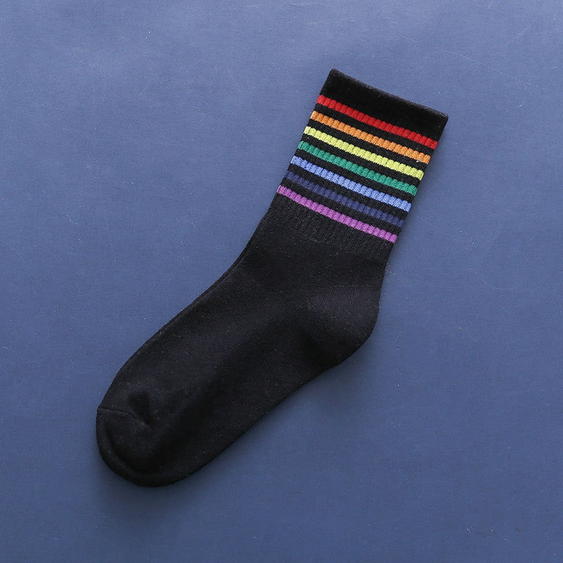 Colorful Stripes Cotton Socks - Black-Rainbow A / One Size