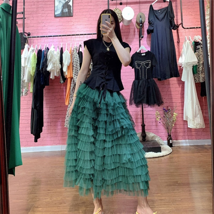 Ruffled Mesh Tutu Skirts - Green / S