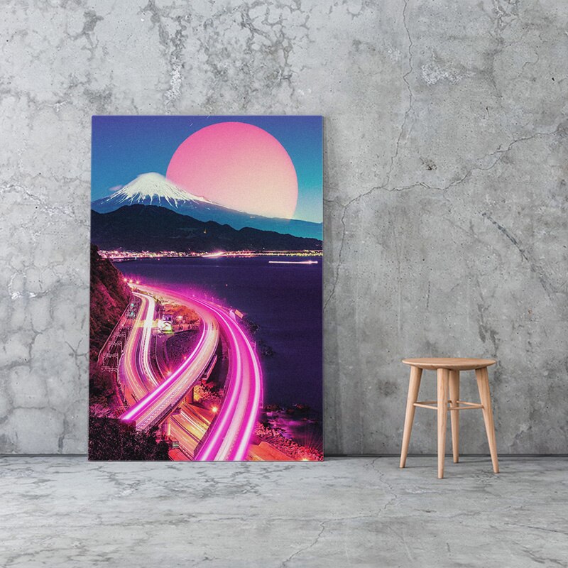 Neon City Synthwave Vaporwave Poster Canvas - Tapestry