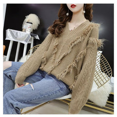 Tassel V-neck Solid Color Knitted Sweater - BROWN / S