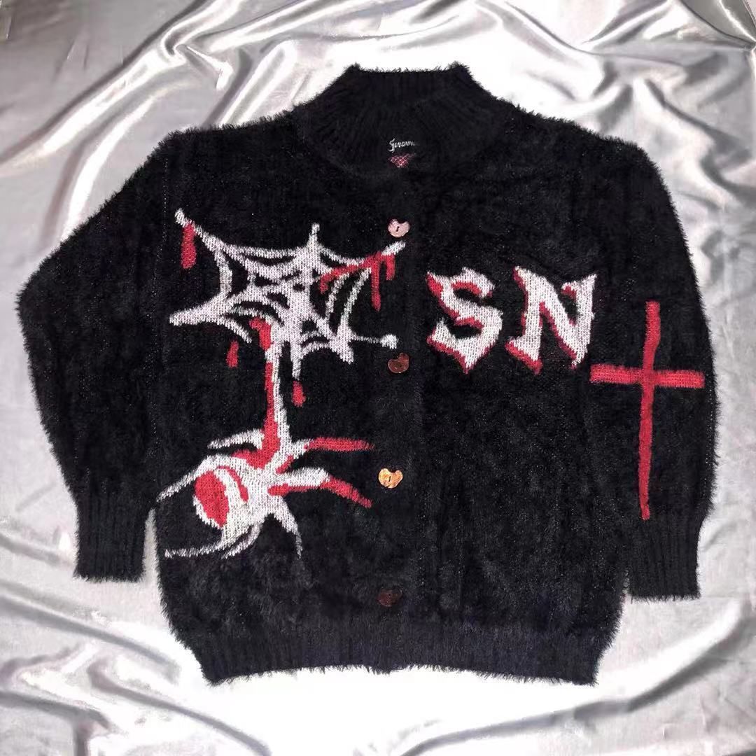 Spider Faux Fur V Neck Cardigan Sweater - Black / S