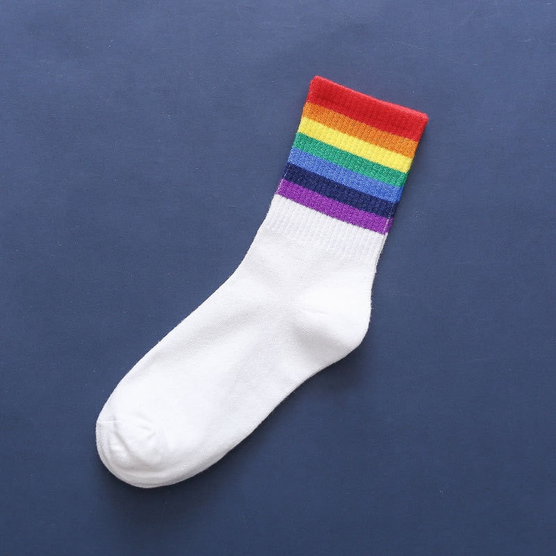 Colorful Stripes Cotton Socks - White-Rainbow B / One Size