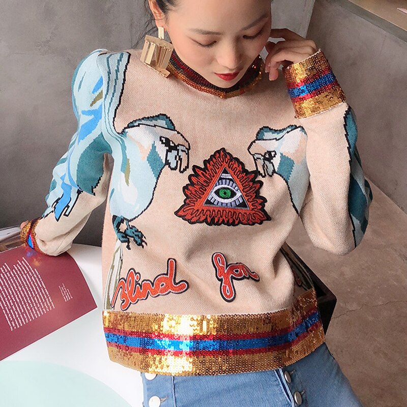 Parrot Embroidery Knitted Sweater