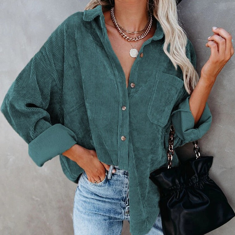 Corduroy Baggy Buttoned Long Sleeve Shirts - Green / S -