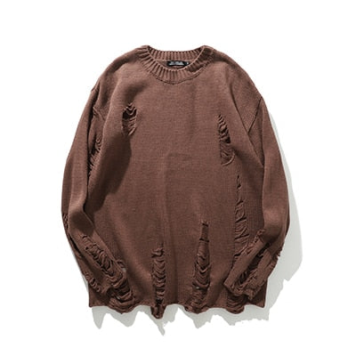 Striped Washed Destroyed Ripped Sweater - BROWN / XXL
